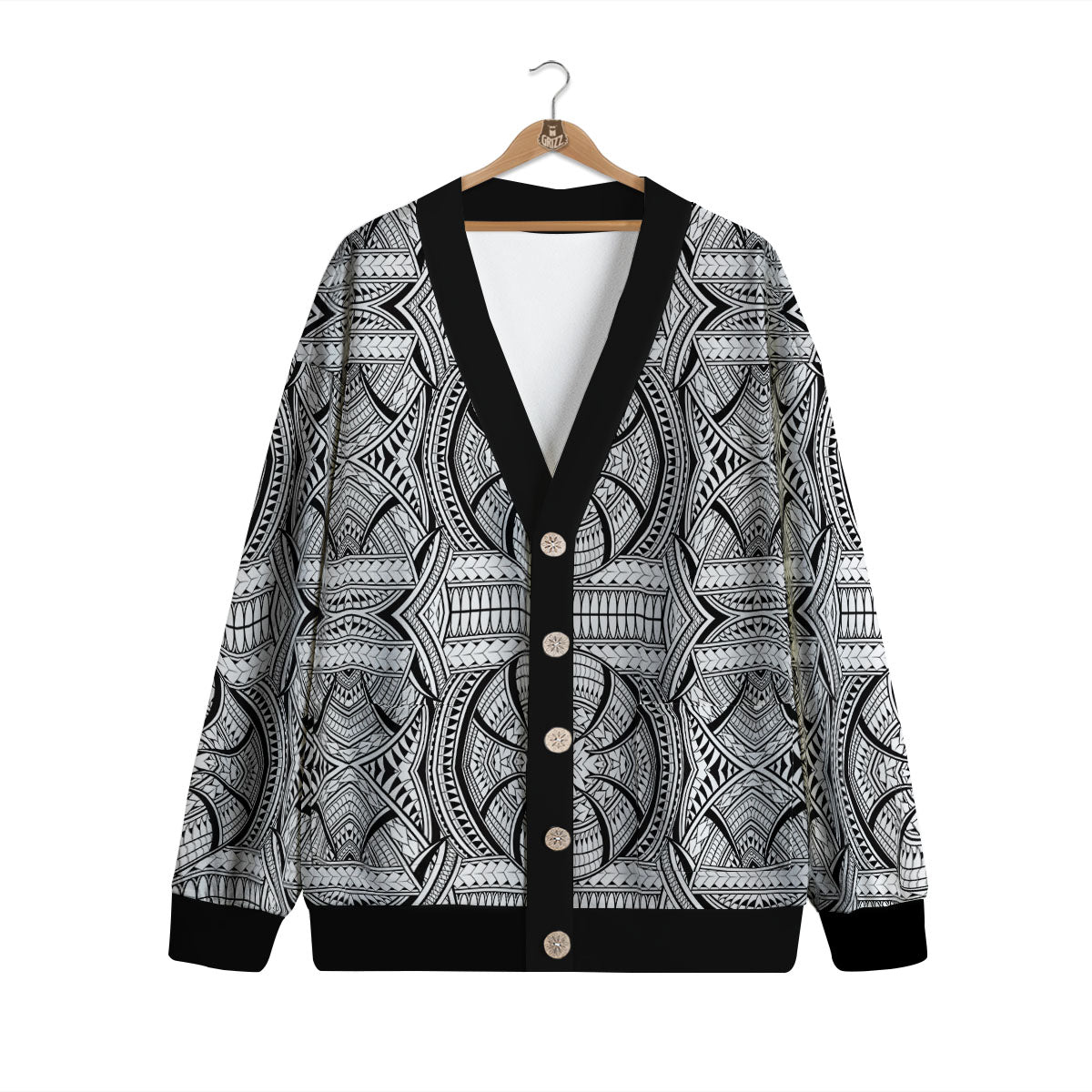 Maori Polynesian White And Black Print Cardigan-grizzshop