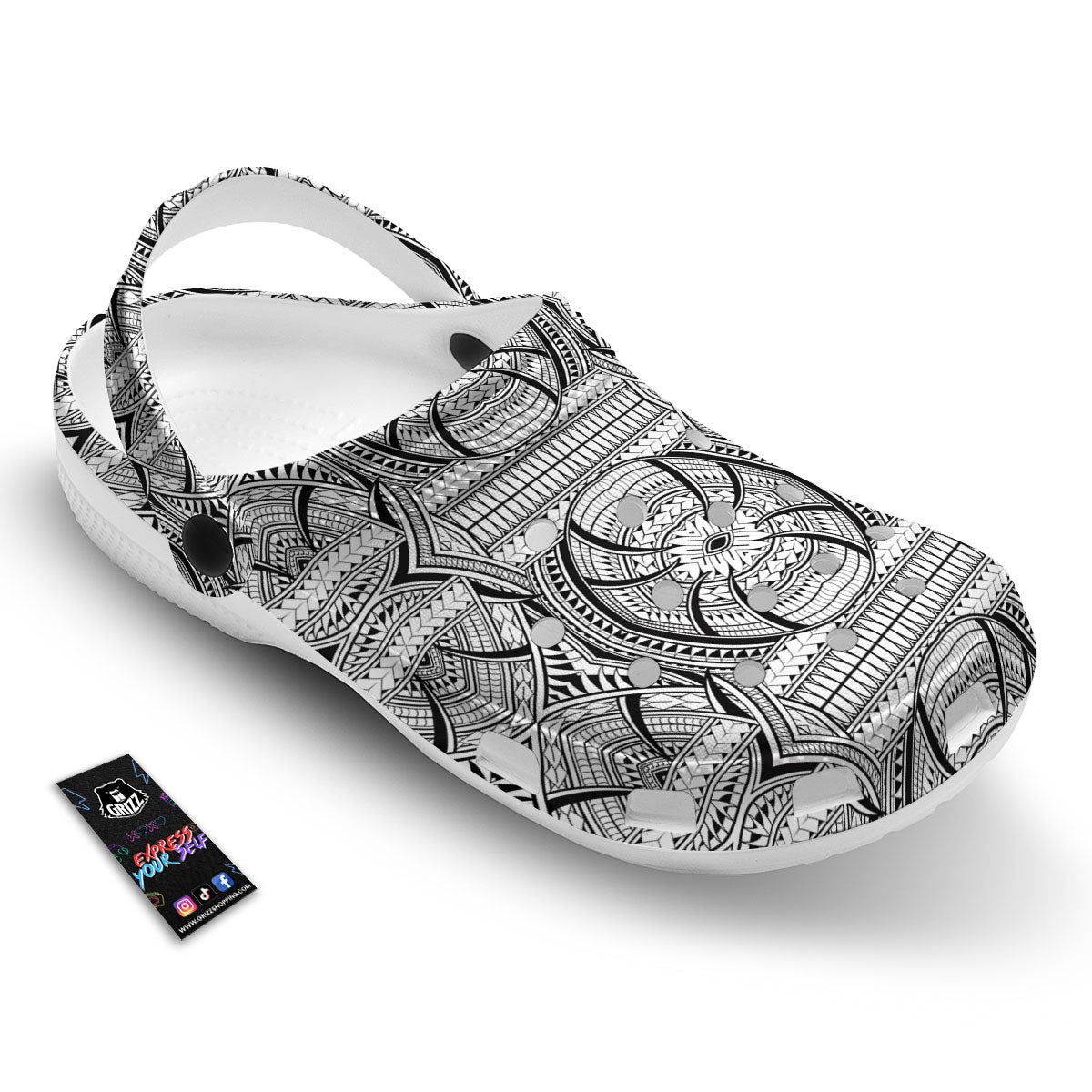 Maori Polynesian White And Black Print Clog-grizzshop