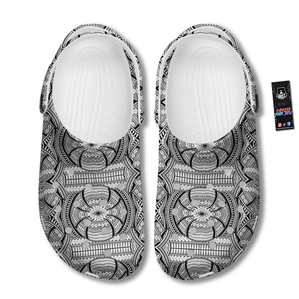 Maori Polynesian White And Black Print Clog-grizzshop
