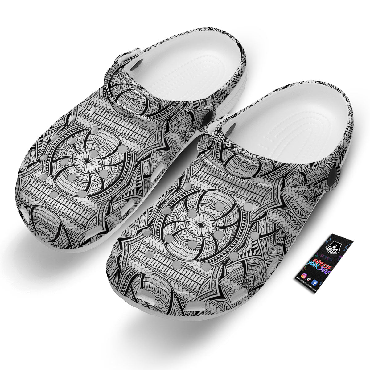 Maori Polynesian White And Black Print Clog-grizzshop