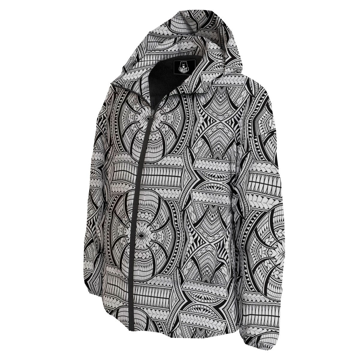 Maori Polynesian White And Black Print Down Jacket-grizzshop