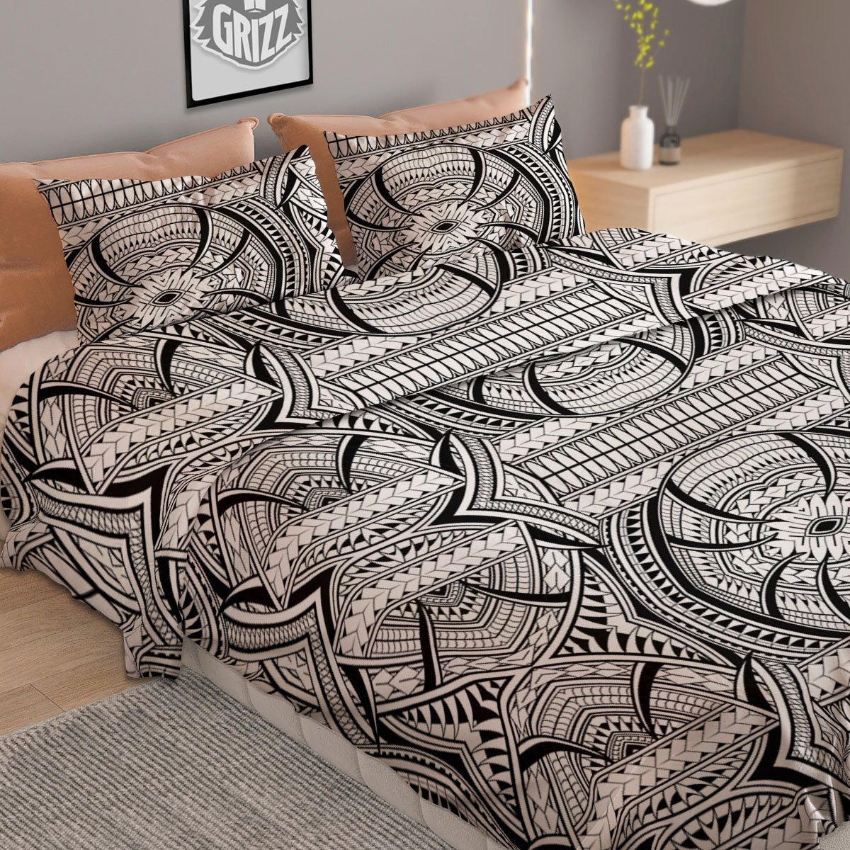 Maori Polynesian White And Black Print Duvet Cover Bedding Set