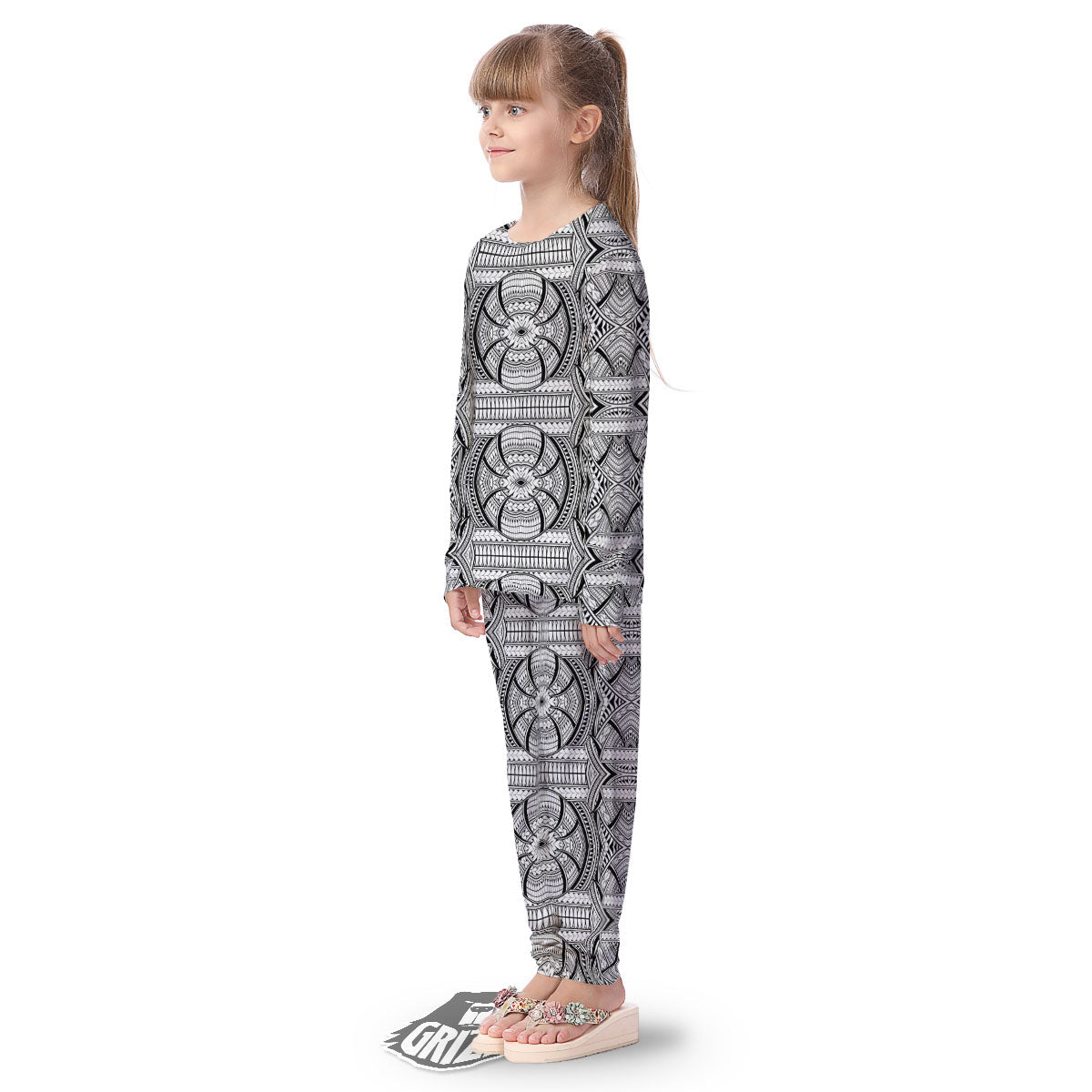 Maori Polynesian White And Black Print Kid's Pajamas-grizzshop
