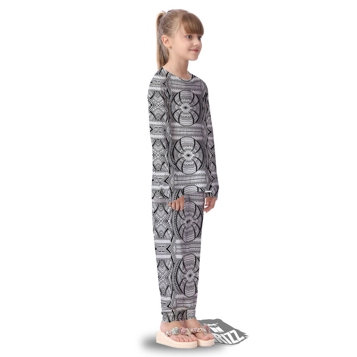 Maori Polynesian White And Black Print Kid's Pajamas-grizzshop