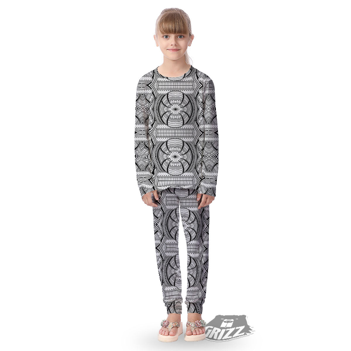 Maori Polynesian White And Black Print Kid's Pajamas-grizzshop
