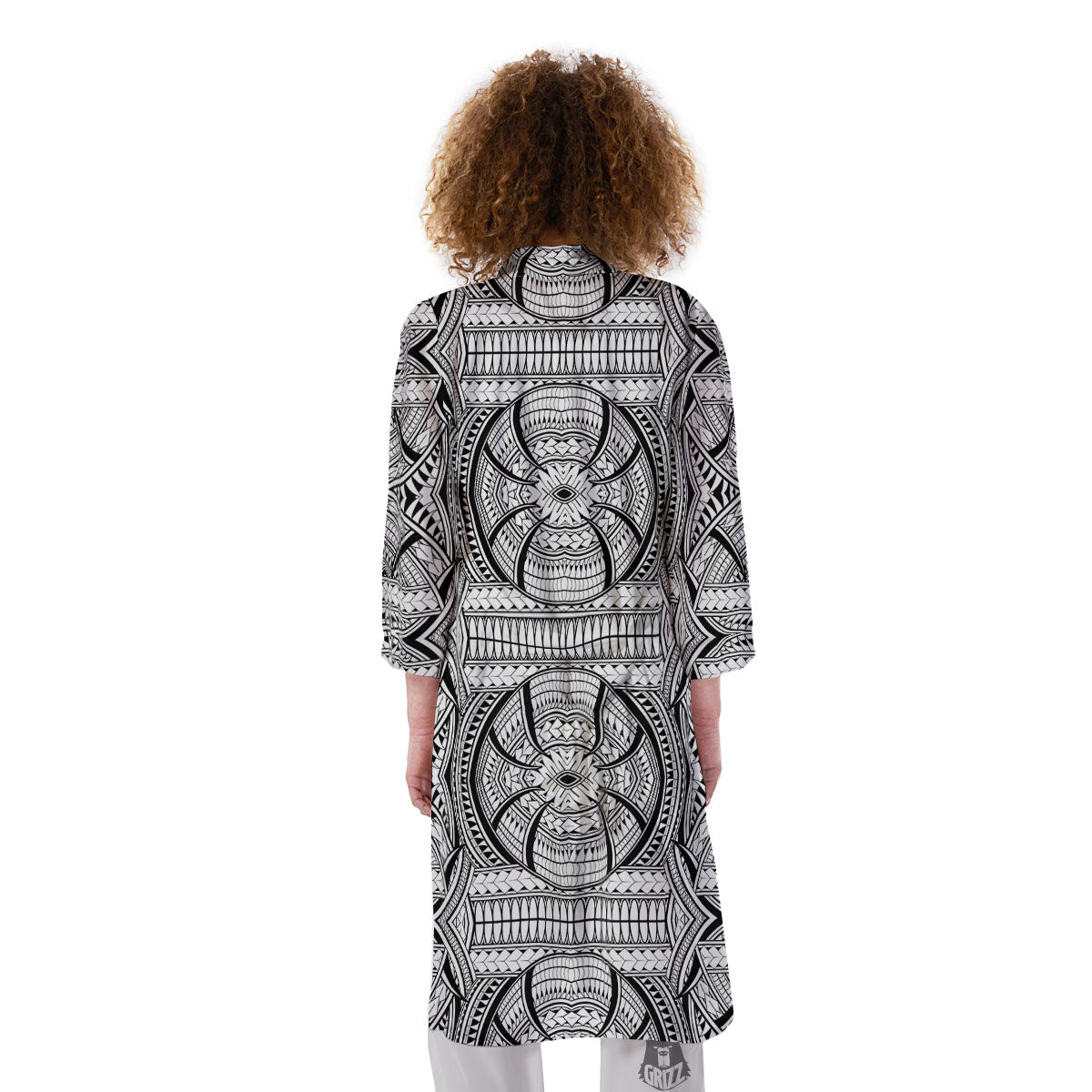 Maori Polynesian White And Black Print Kimono-grizzshop