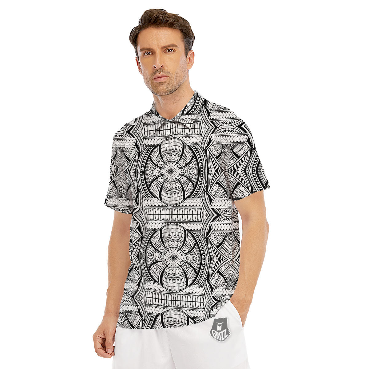 Maori Polynesian White And Black Print Men's Golf Shirts-grizzshop