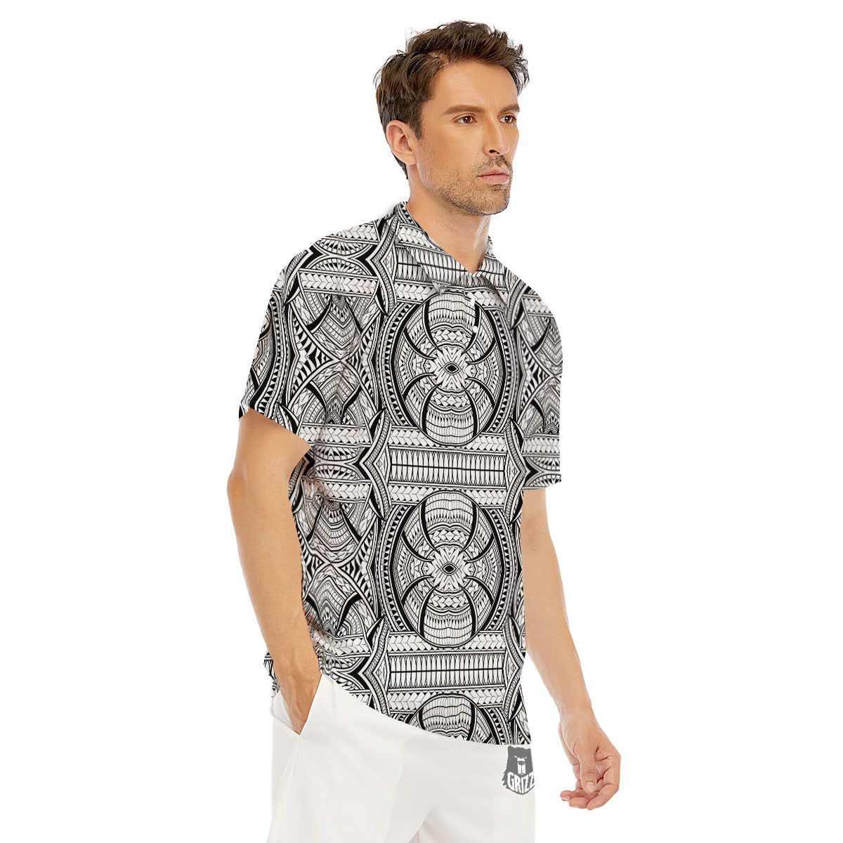 Maori Polynesian White And Black Print Men's Golf Shirts-grizzshop
