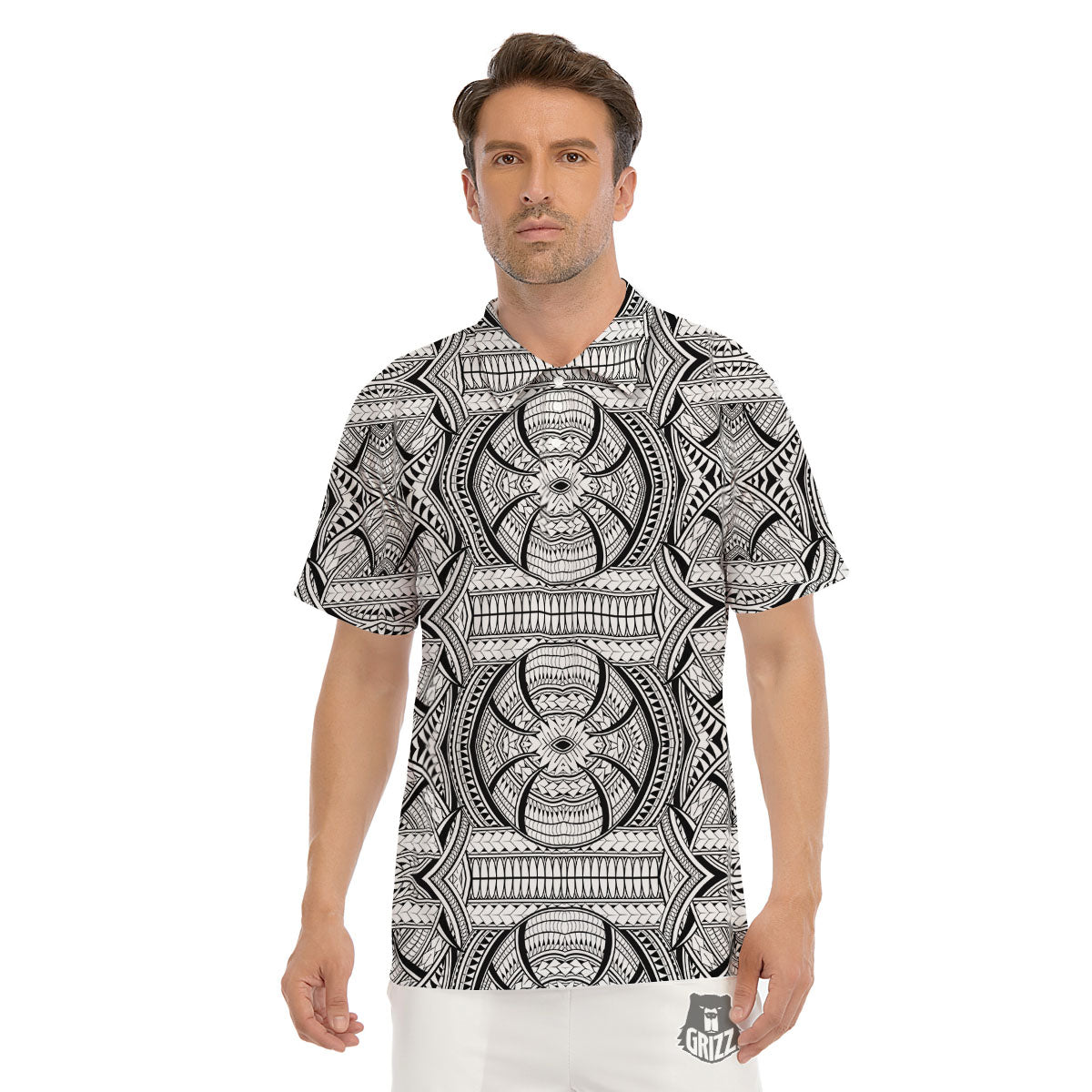 Maori Polynesian White And Black Print Men's Golf Shirts-grizzshop