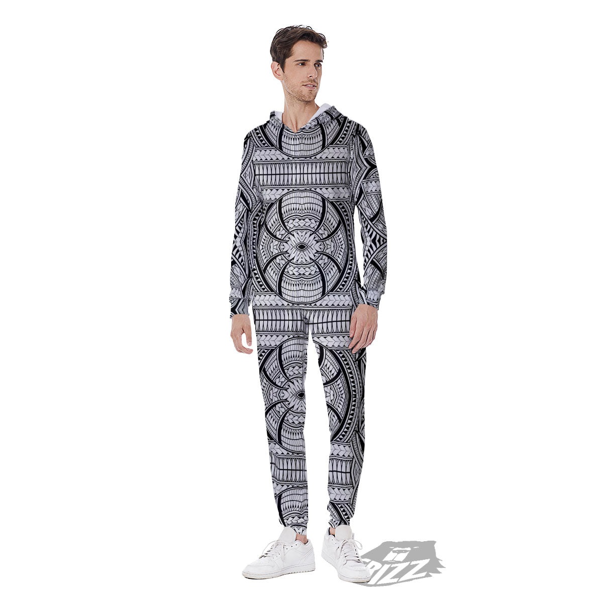 Maori Polynesian White And Black Print Men's Jumpsuit-grizzshop
