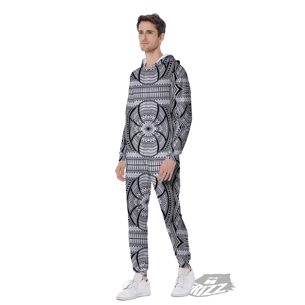 Maori Polynesian White And Black Print Men's Jumpsuit-grizzshop