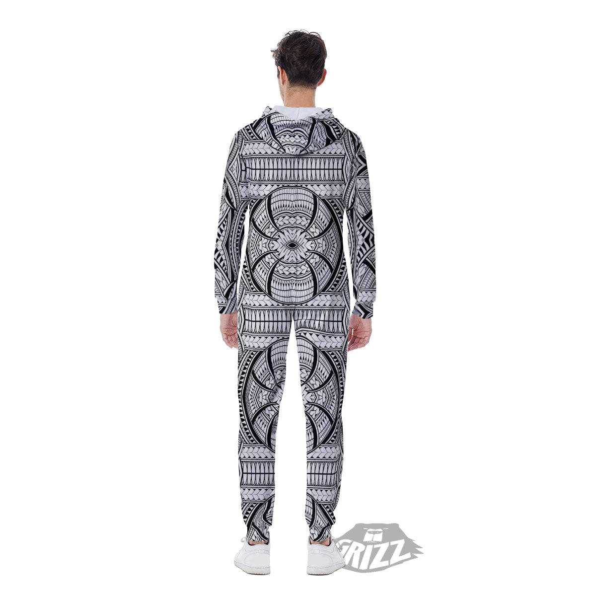 Maori Polynesian White And Black Print Men's Jumpsuit-grizzshop