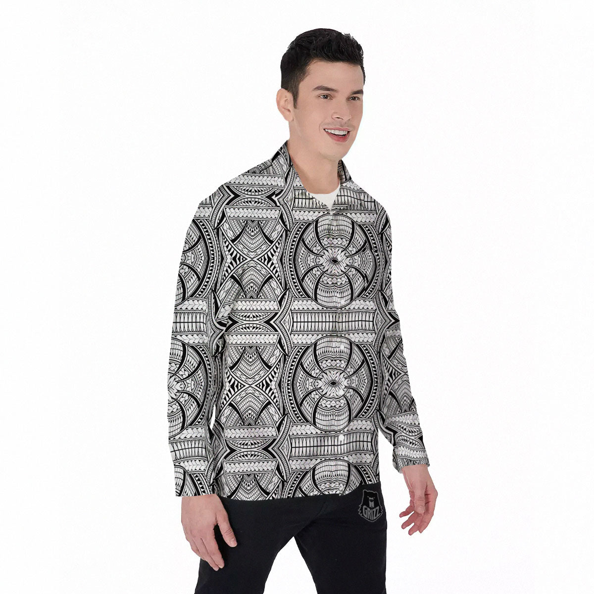 Maori Polynesian White And Black Print Men's Long Sleeve Shirts-grizzshop