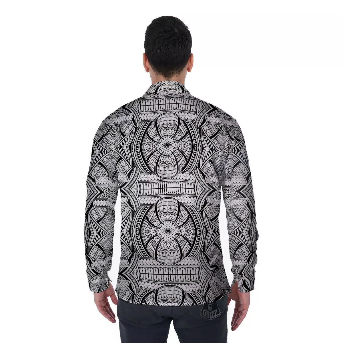 Maori Polynesian White And Black Print Men's Long Sleeve Shirts-grizzshop