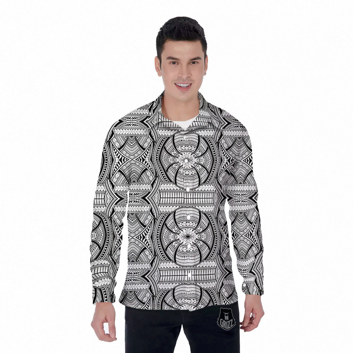 Maori Polynesian White And Black Print Men's Long Sleeve Shirts-grizzshop