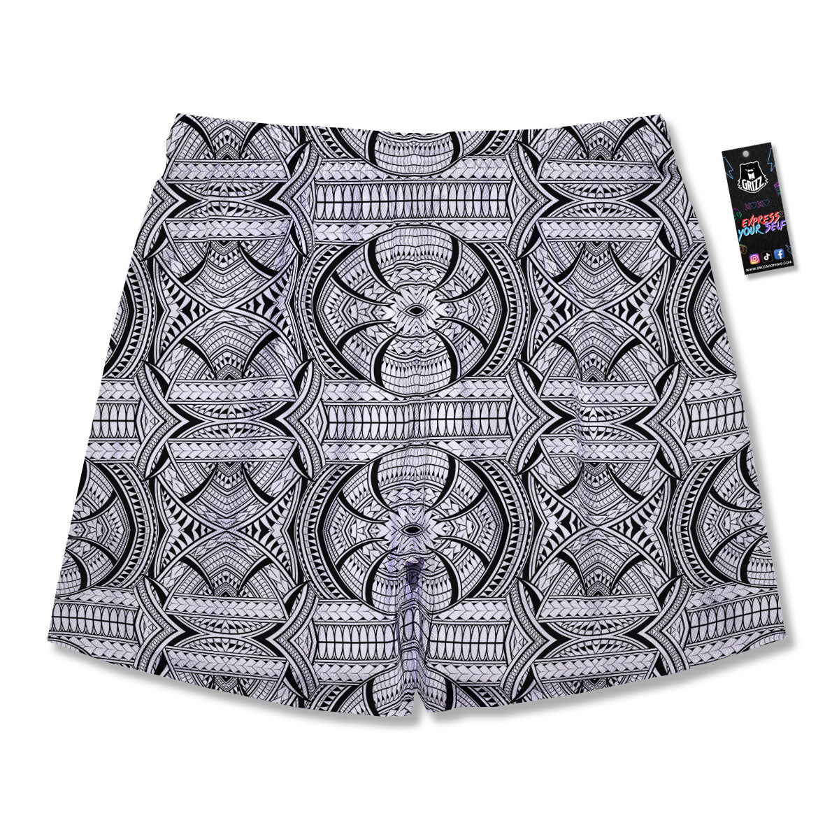 Maori Polynesian White And Black Print Men's Running Shorts-grizzshop