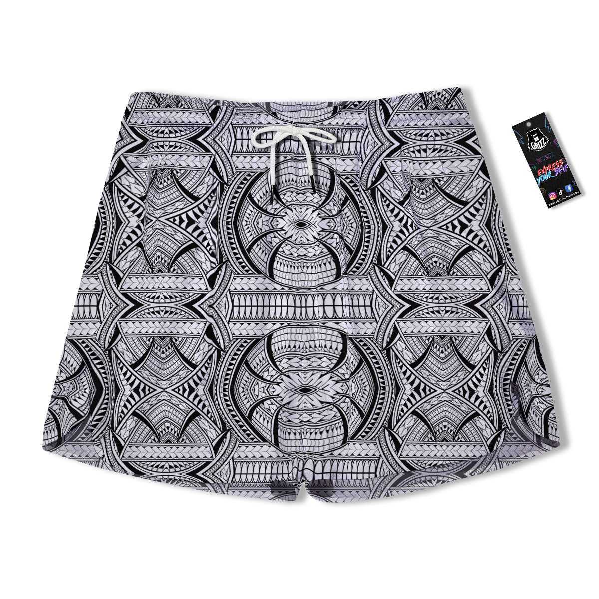 Maori Polynesian White And Black Print Men's Running Shorts-grizzshop