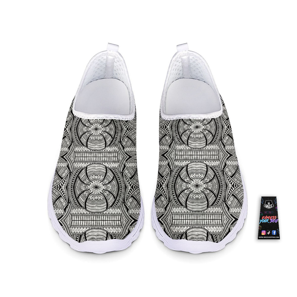 Maori Polynesian White And Black Print Nurse Shoes-grizzshop