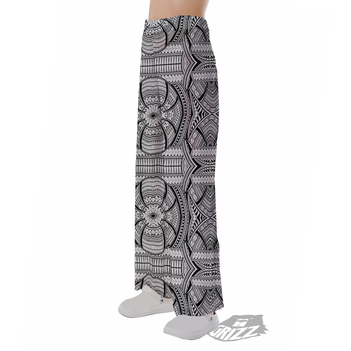 Maori Polynesian White And Black Print Pajama Pants-grizzshop