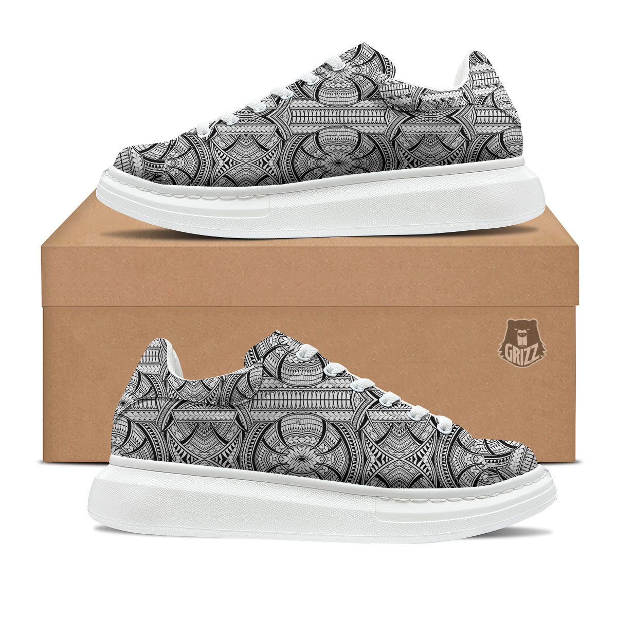 Maori Polynesian White And Black Print Platform Shoes-grizzshop
