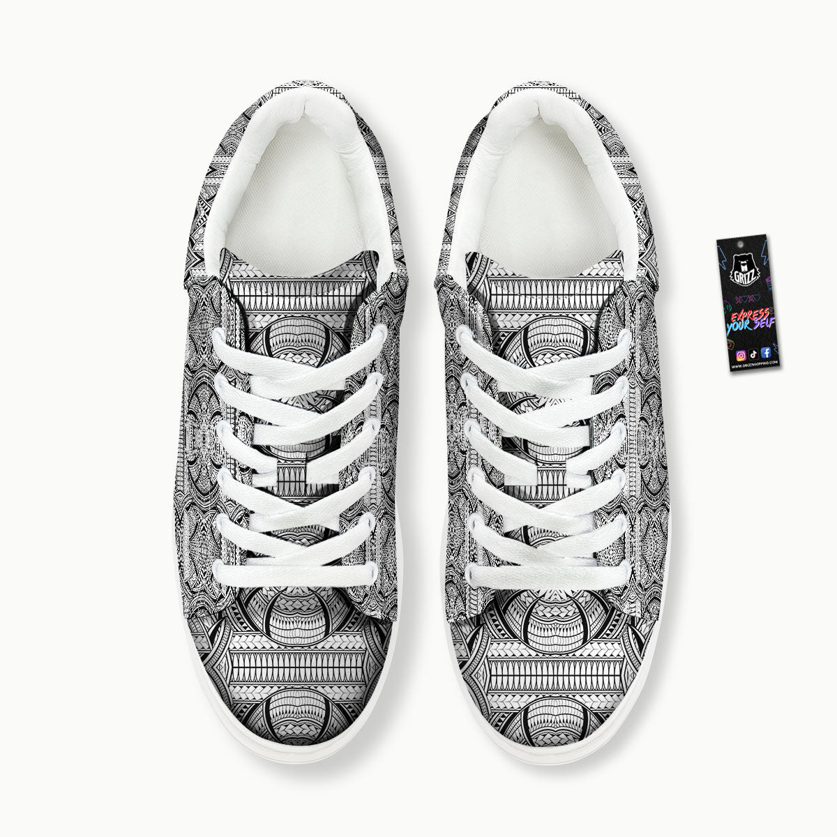 Maori Polynesian White And Black Print Platform Shoes-grizzshop