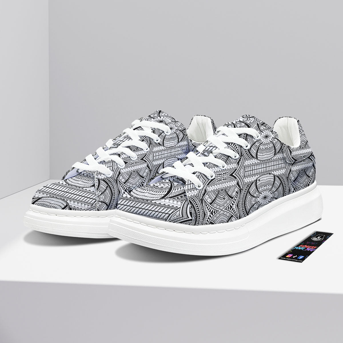 Maori Polynesian White And Black Print Platform Shoes-grizzshop
