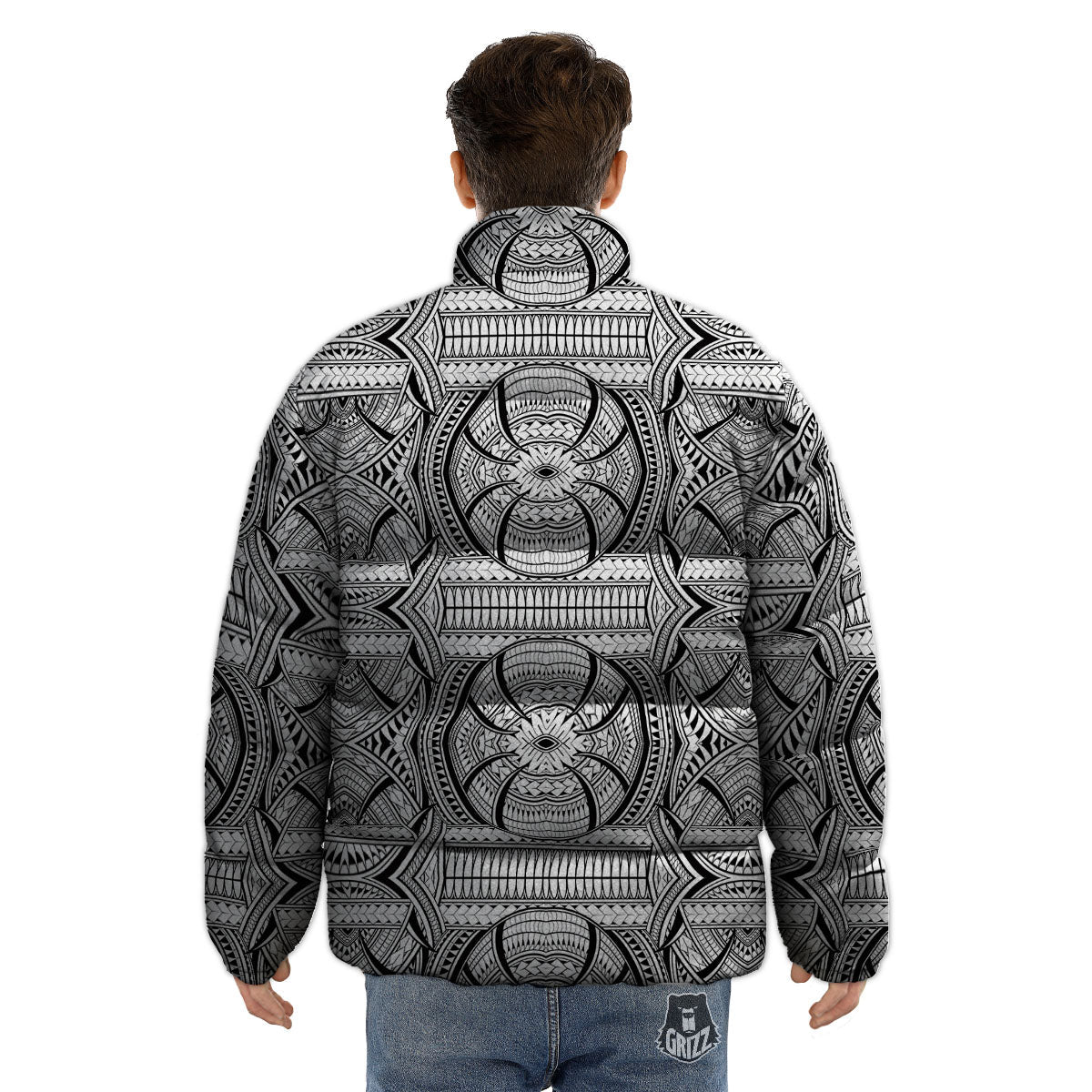 Maori Polynesian White And Black Print Puffer Jacket-grizzshop