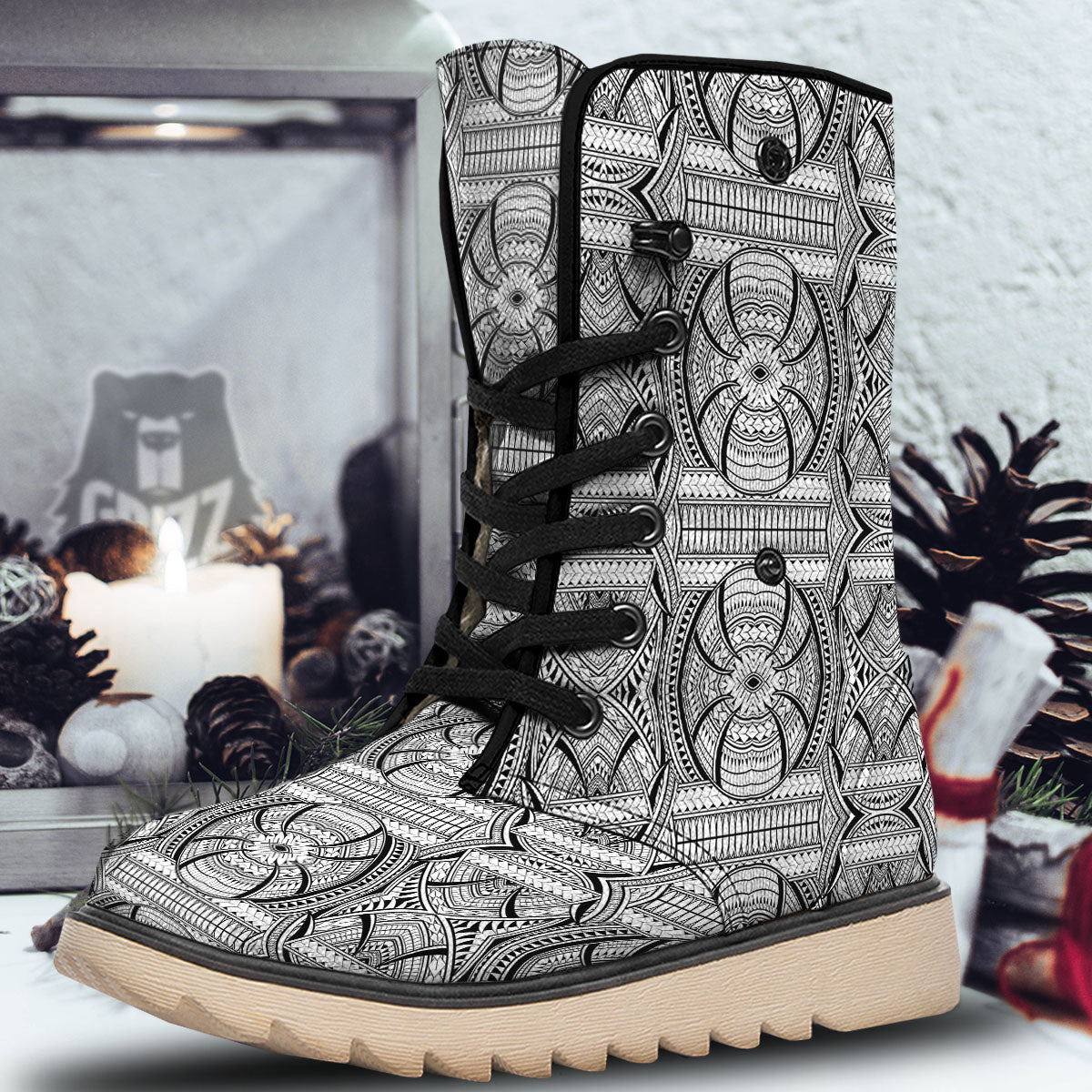Maori Polynesian White And Black Print Snow Boots-grizzshop