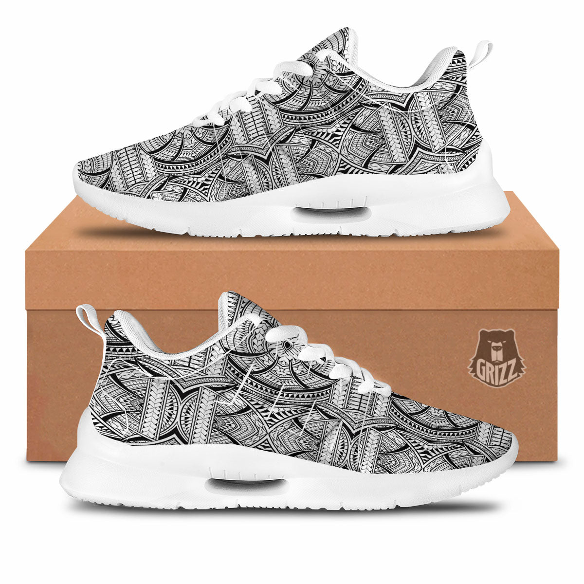 Maori Polynesian White And Black Print Tennis Shoes-grizzshop