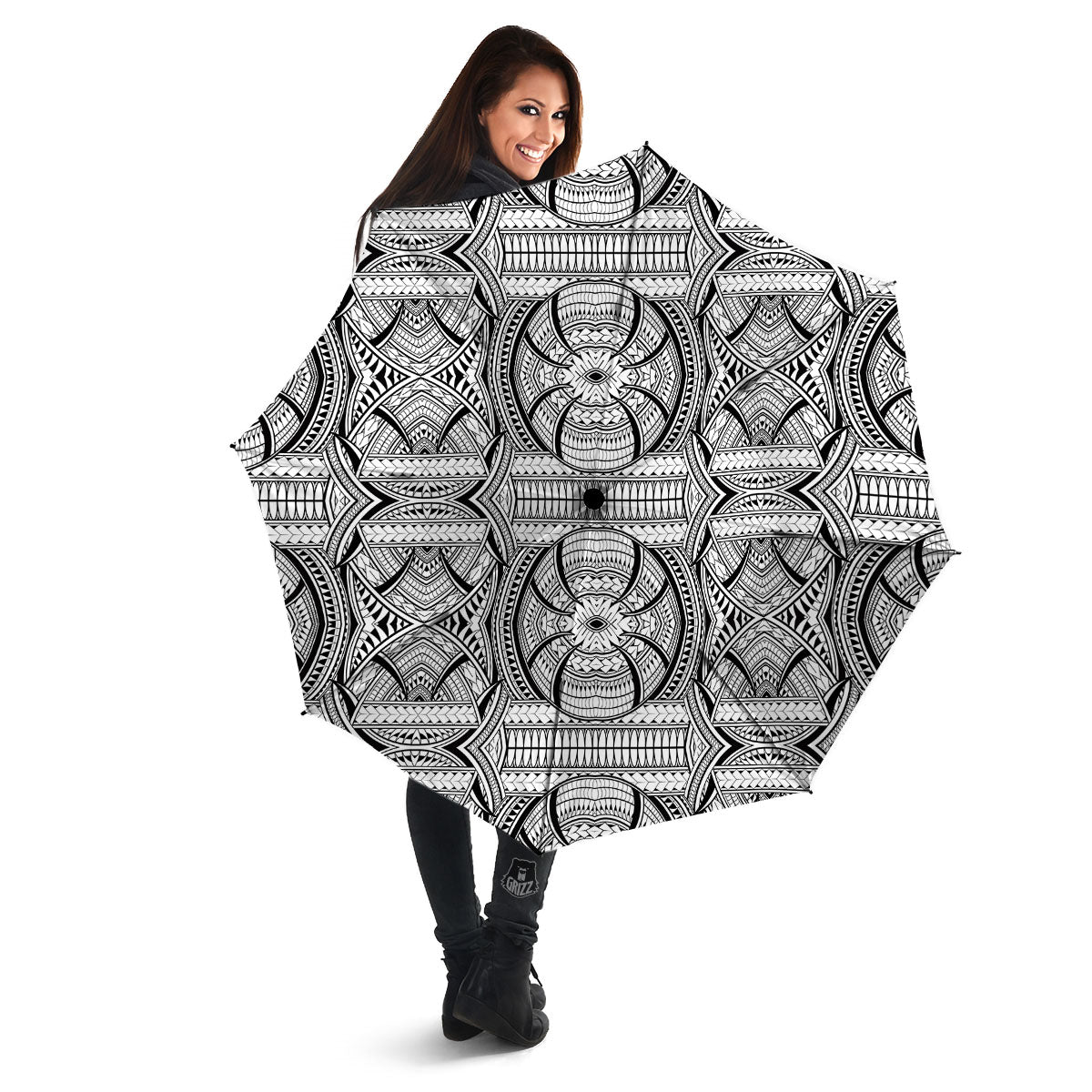 Maori Polynesian White And Black Print Umbrella-grizzshop