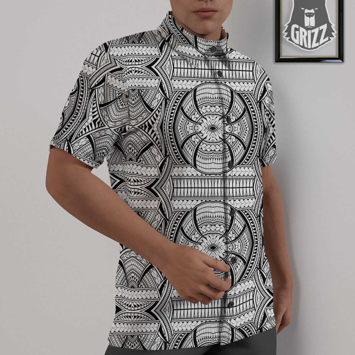 Maori Polynesian White And Black Print Untucked Shirts-grizzshop