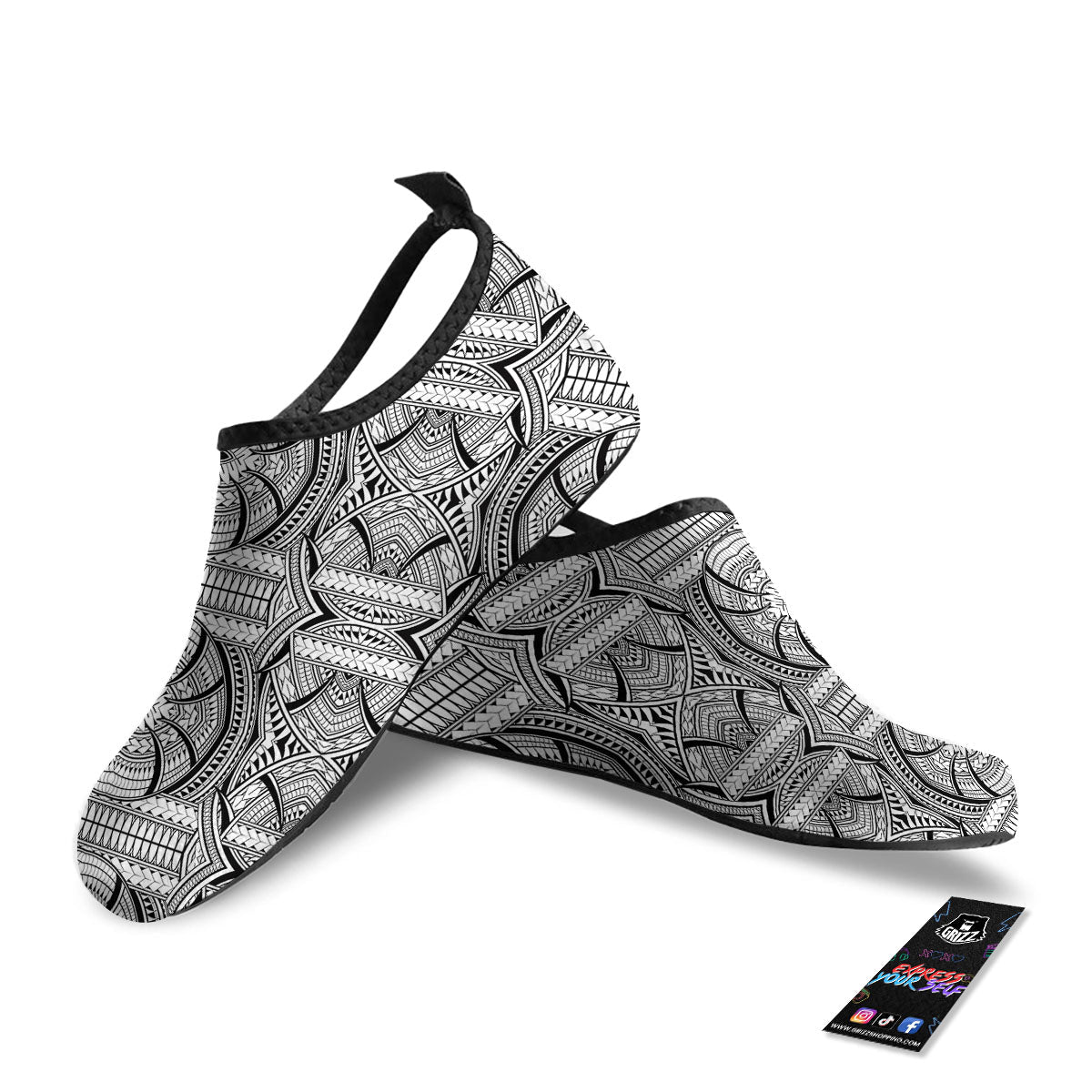 Maori Polynesian White And Black Print Water Shoes-grizzshop
