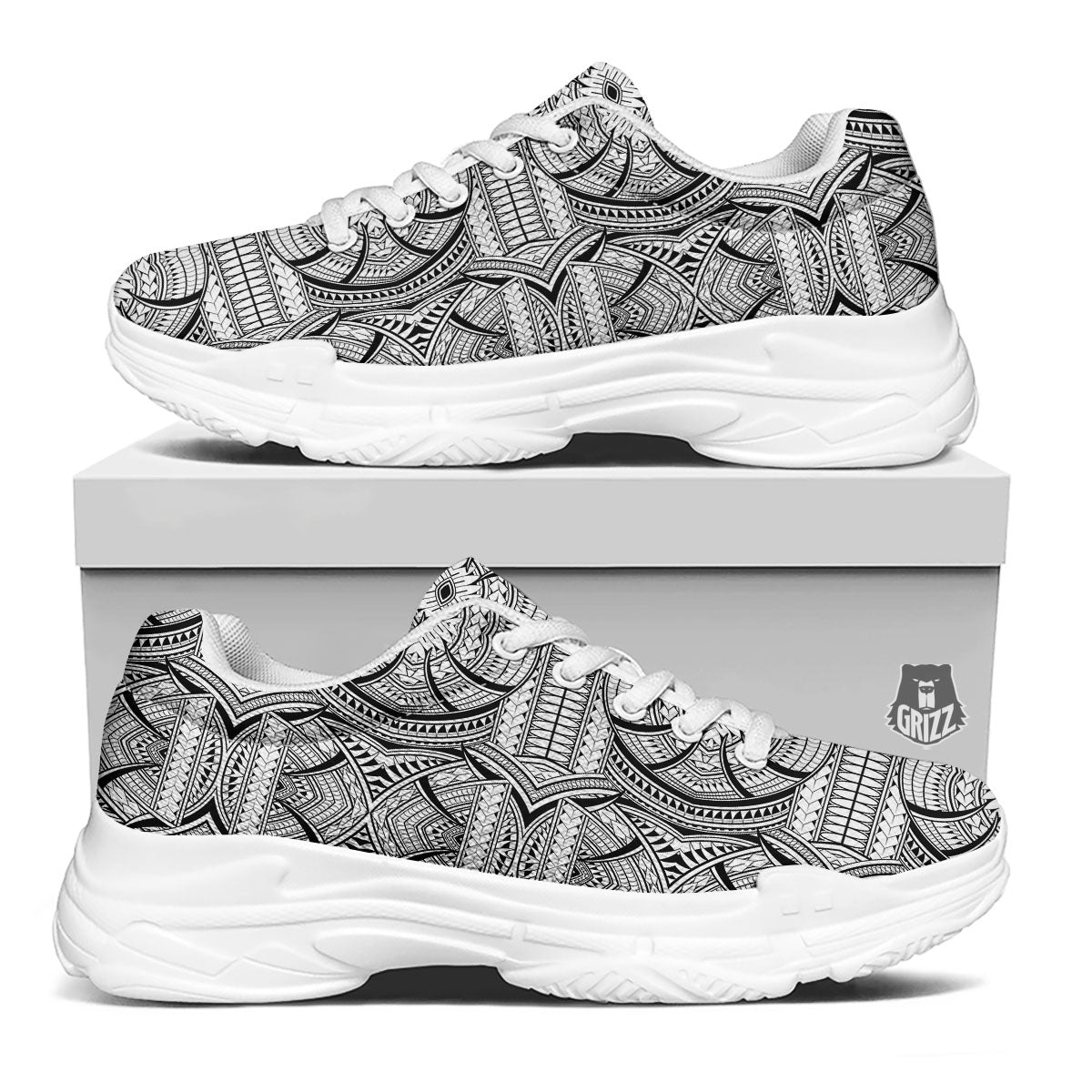 Maori Polynesian White And Black Print White Chunky Shoes-grizzshop