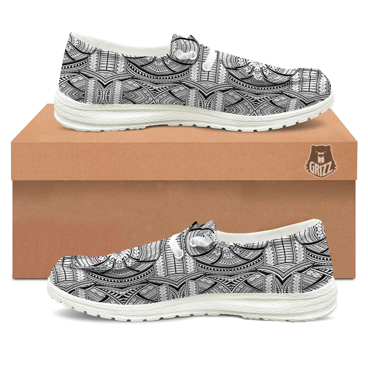 Maori Polynesian White And Black Print White Loafers-grizzshop