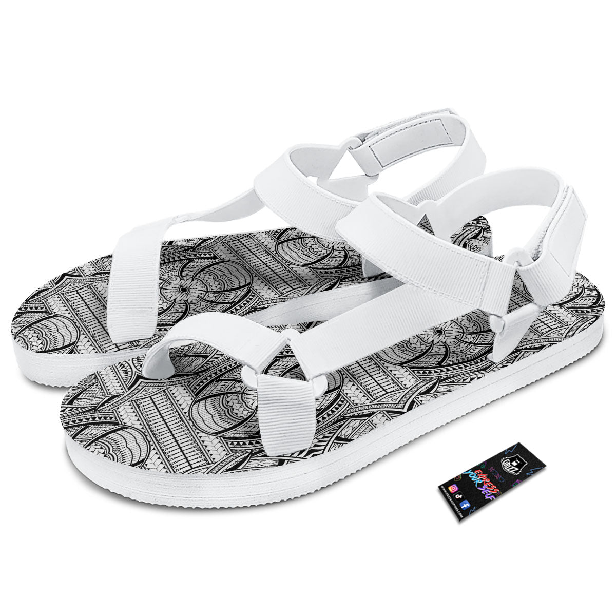 Maori Polynesian White And Black Print White Open Toe Sandals-grizzshop