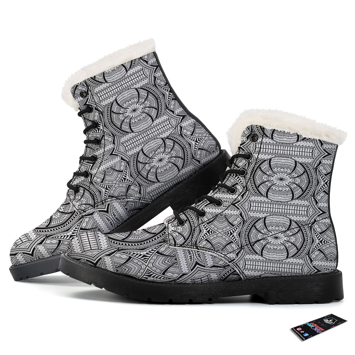 Maori Polynesian White And Black Print Winter Boots-grizzshop
