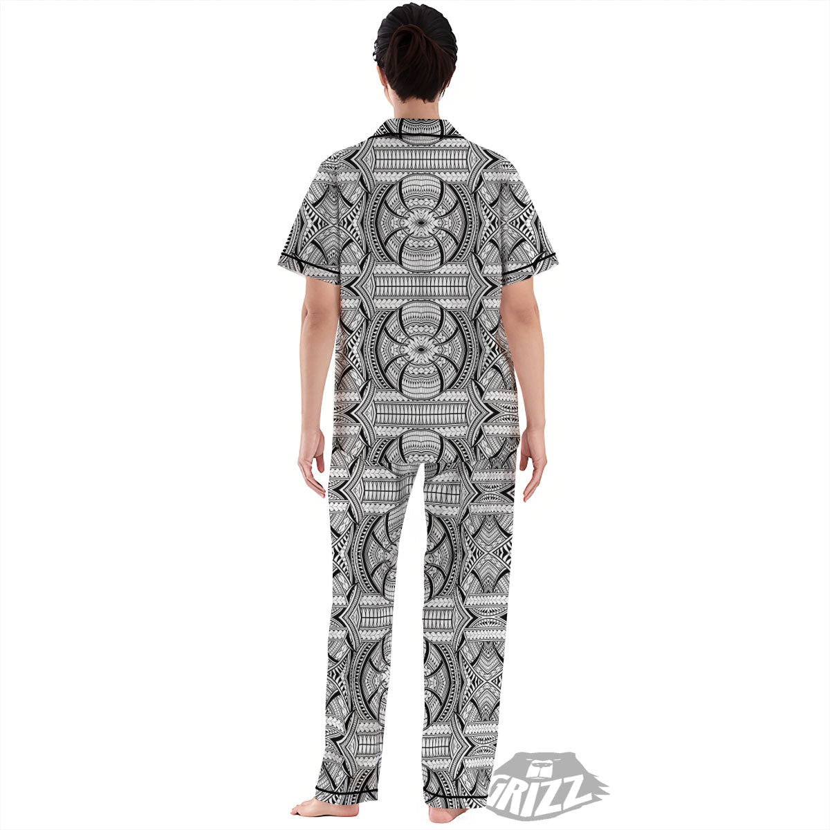 Maori Polynesian White And Black Print Women's Pajamas Set-grizzshop