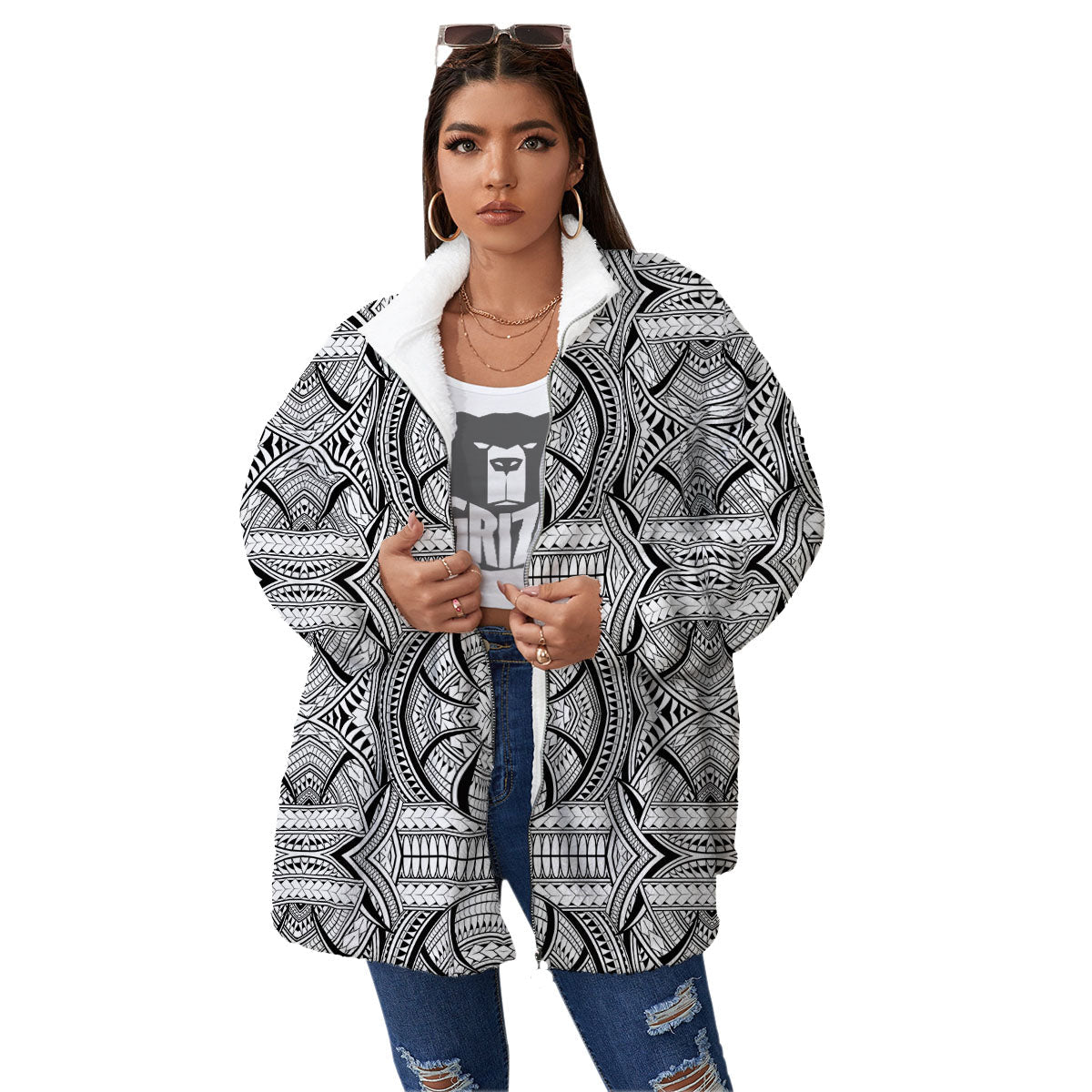 Maori Polynesian White And Black Print Women's Sherpa Jacket-grizzshop