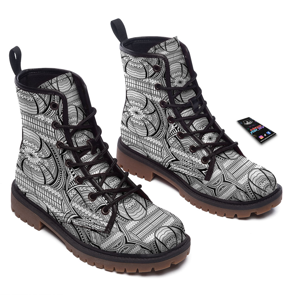Maori Polynesian White And Black Print Work Boots-grizzshop