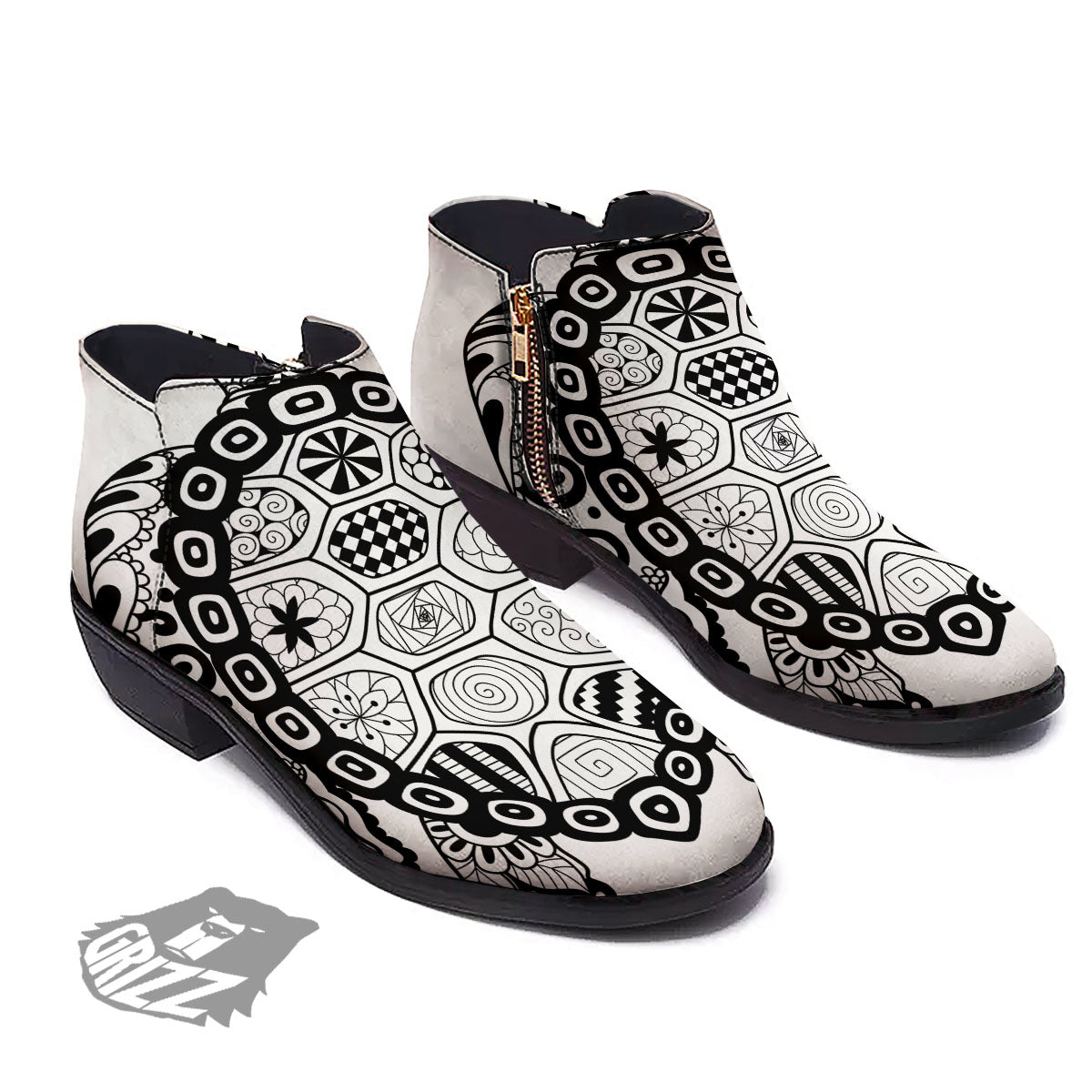 Maori Sea Turtle White And Black Print Ankle Boots-grizzshop