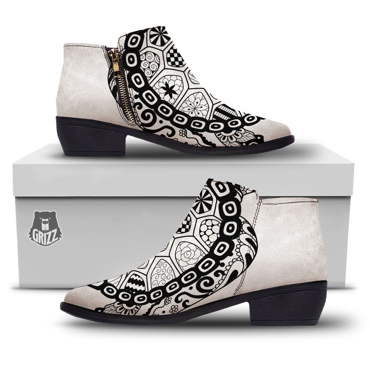 Maori Sea Turtle White And Black Print Ankle Boots-grizzshop