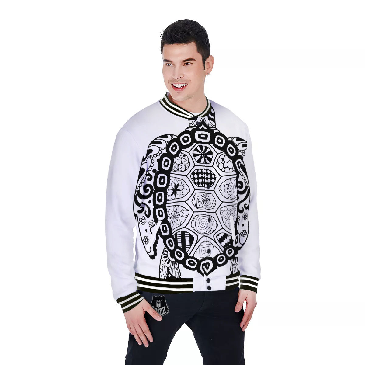 Maori Sea Turtle White And Black Print Baseball Jacket-grizzshop