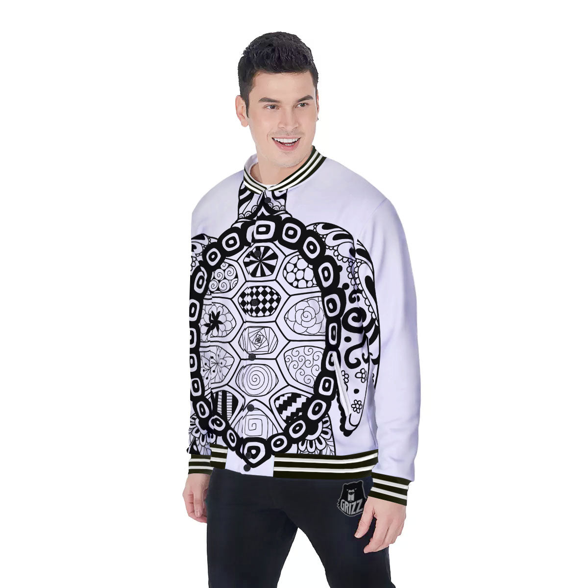 Maori Sea Turtle White And Black Print Baseball Jacket-grizzshop