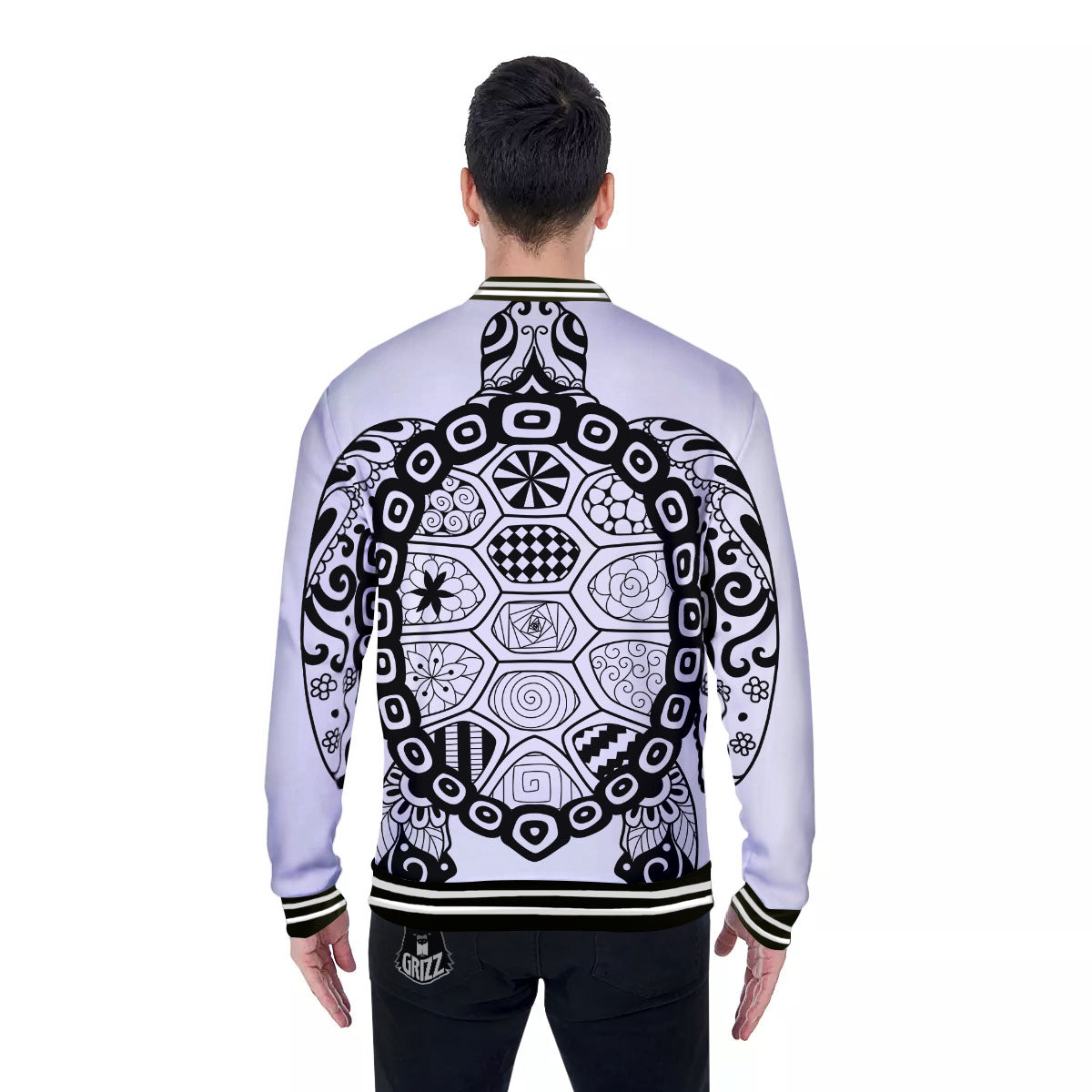 Maori Sea Turtle White And Black Print Baseball Jacket-grizzshop