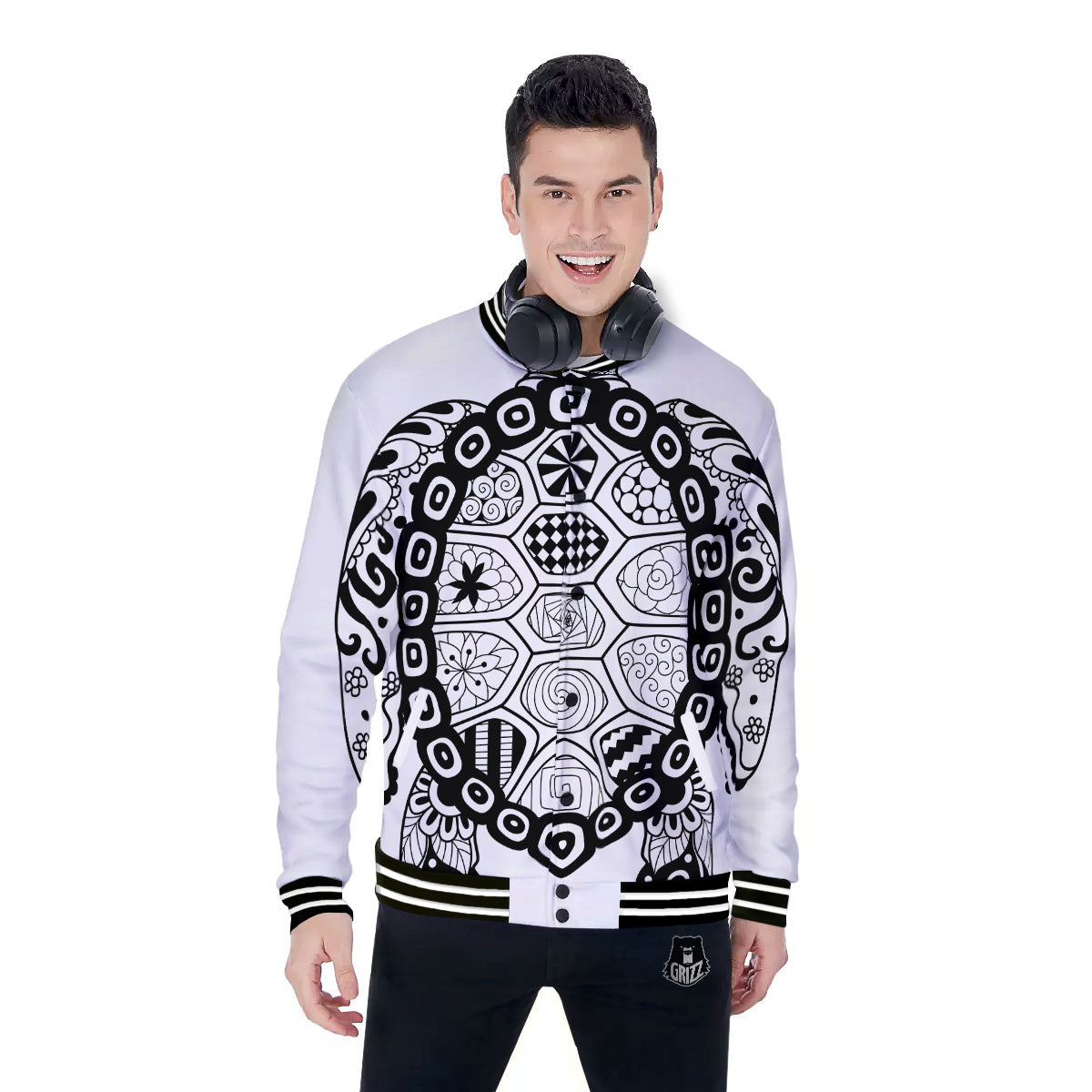 Maori Sea Turtle White And Black Print Baseball Jacket-grizzshop