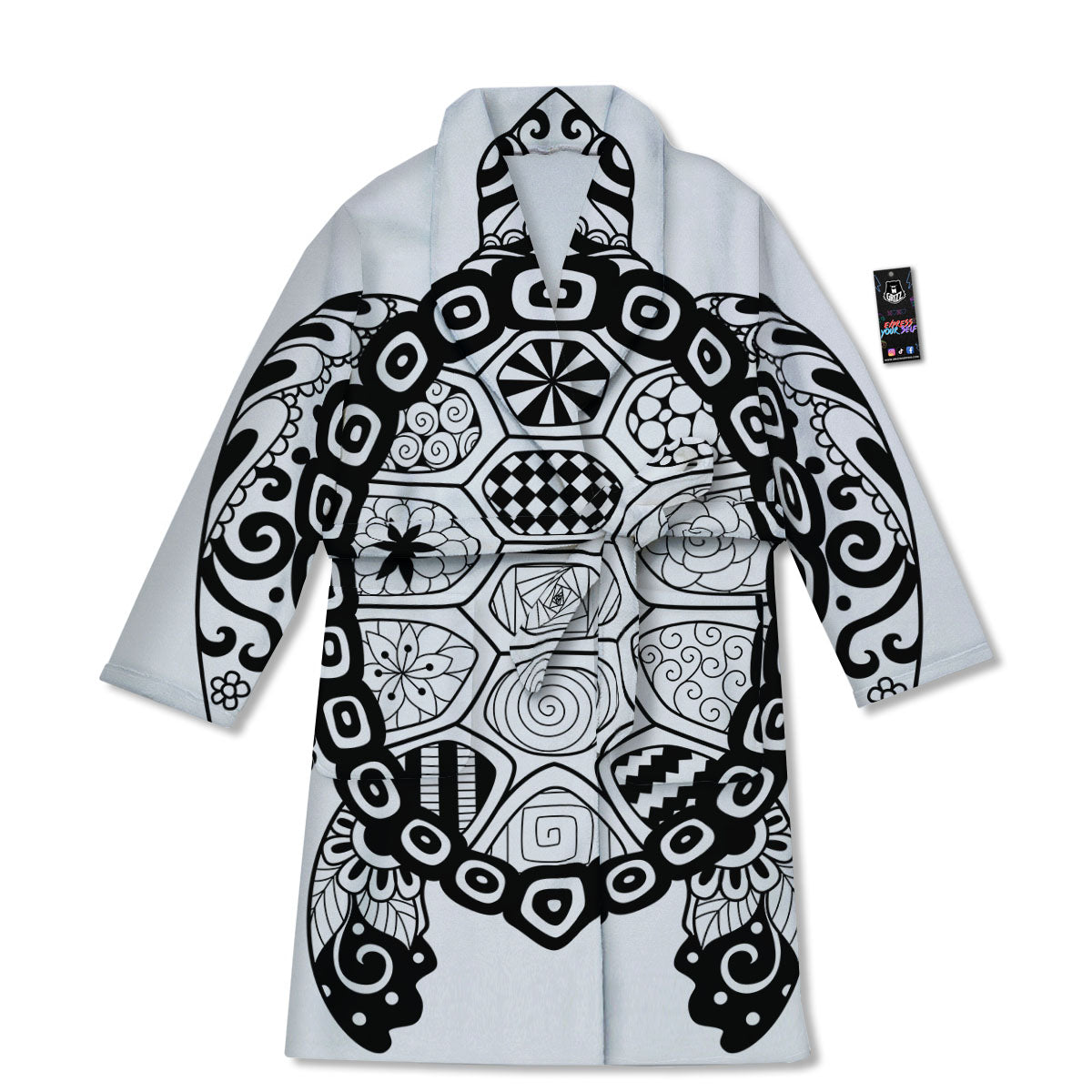 Maori Sea Turtle White And Black Print Bathrobe-grizzshop