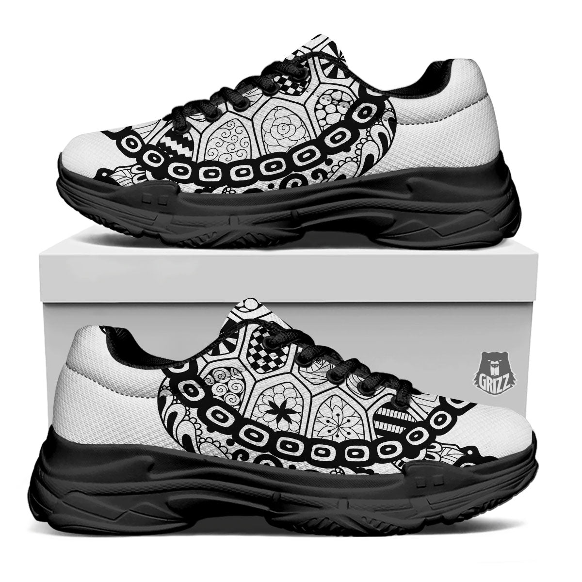 Maori Sea Turtle White And Black Print Black Chunky Shoes-grizzshop