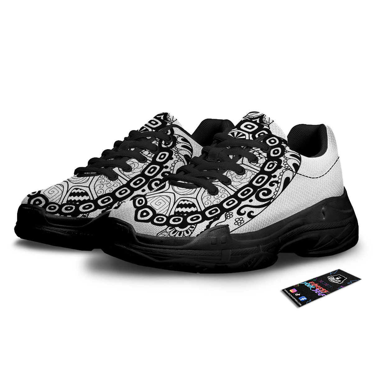 Maori Sea Turtle White And Black Print Black Chunky Shoes-grizzshop