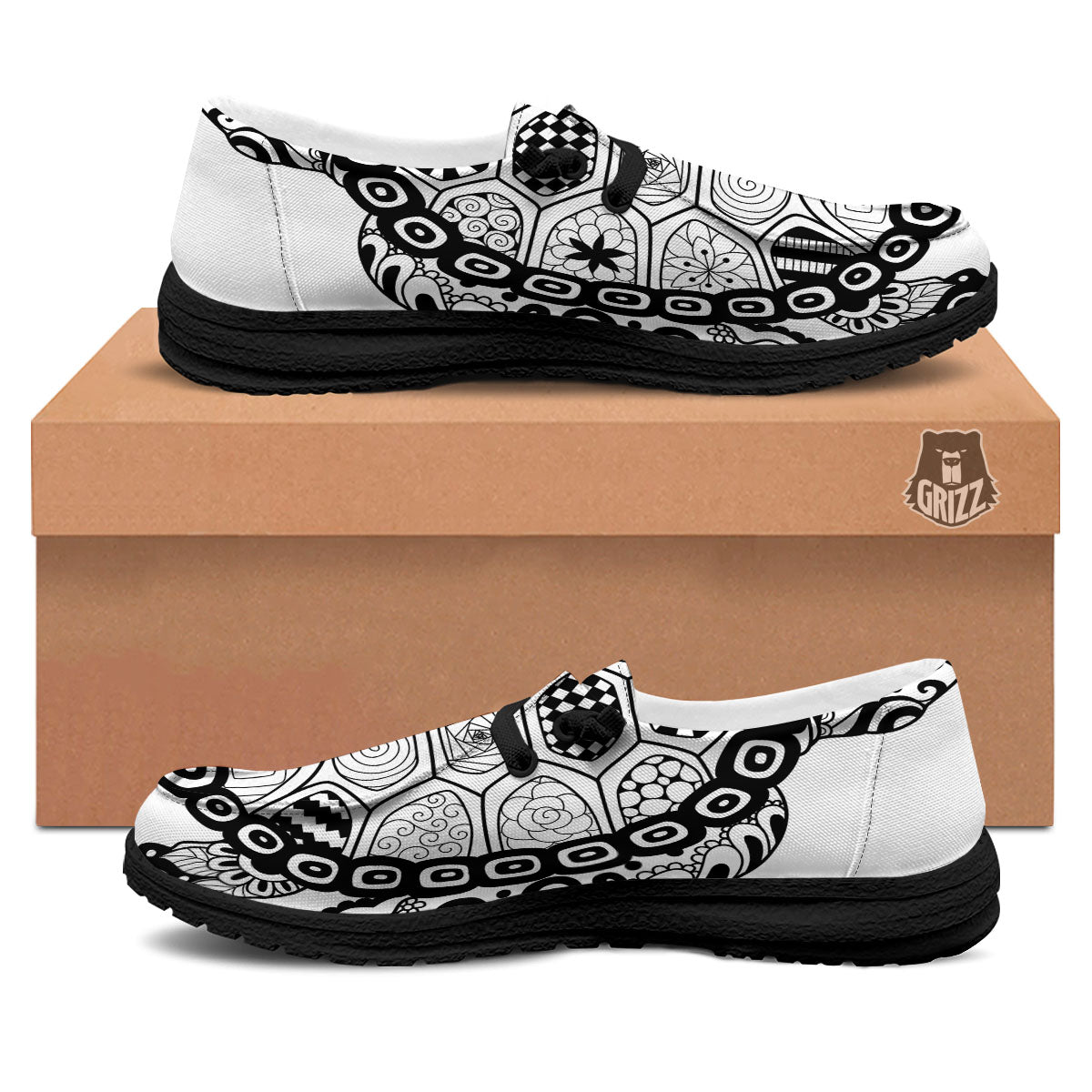 Maori Sea Turtle White And Black Print Black Loafers-grizzshop