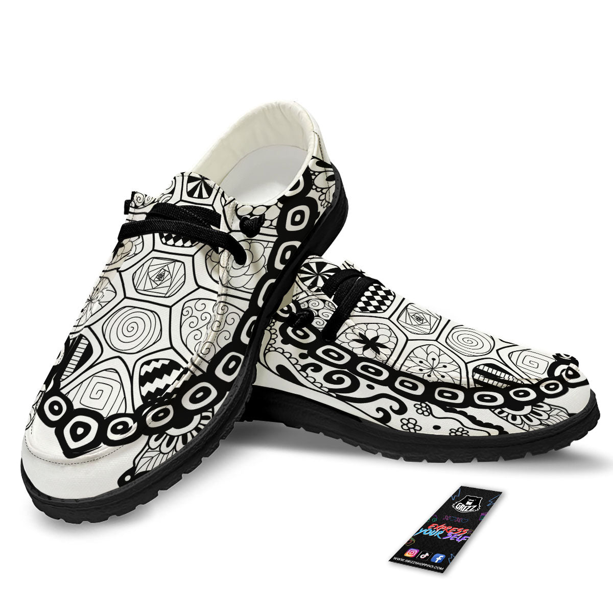 Maori Sea Turtle White And Black Print Black Loafers-grizzshop